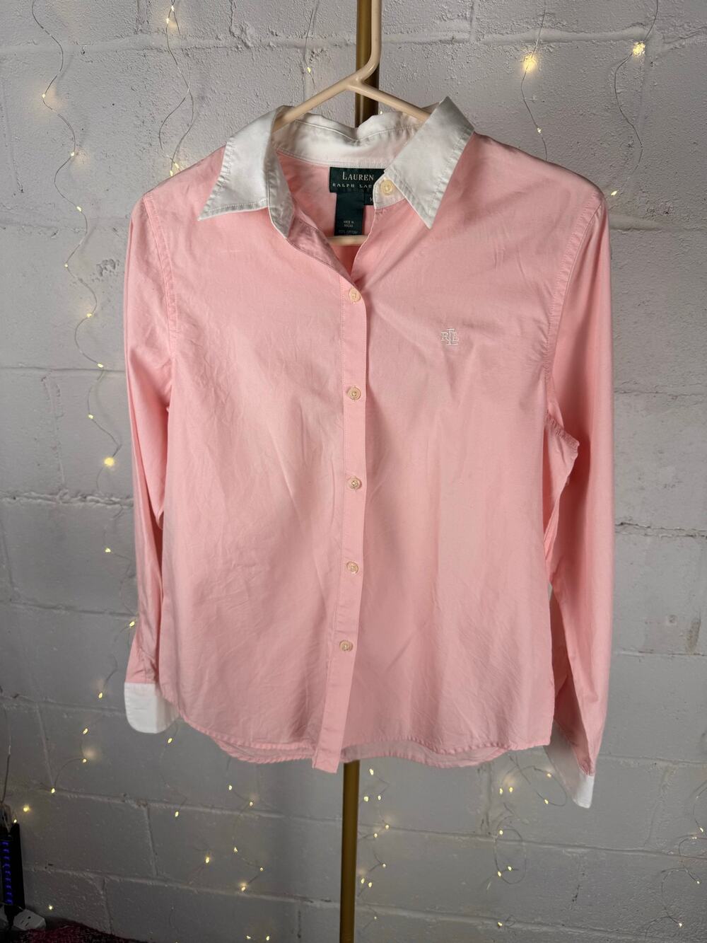 lauren ralph lauren women M pink white collar button down cotton shirt